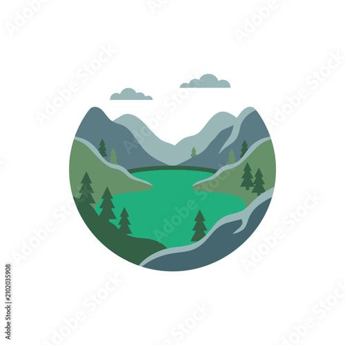 Minimalist mountain lake landscape in circular frame