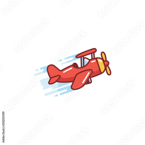 Minimal red biplane flying on white background.