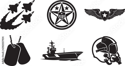 Foto Military and Air Force Vector Icon Set with Jet Fighters, Aircraft Carrier, Pilo
