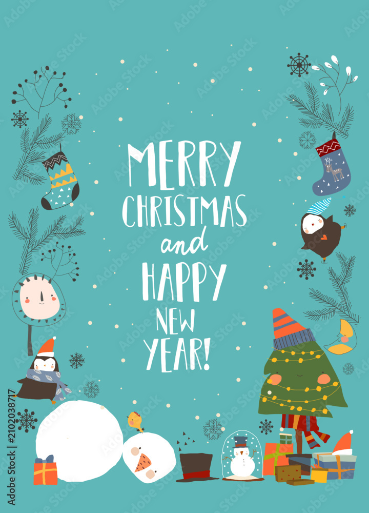 Fototapeta premium Cute Cartoon Frame With Snowman, Animals and Christmas Elements