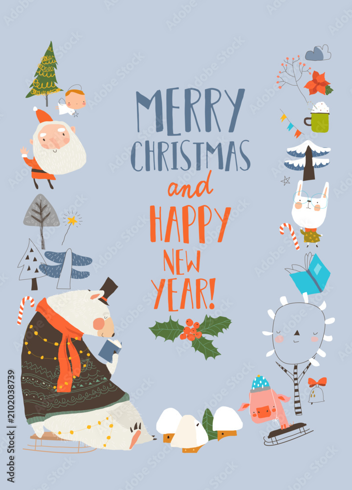 Obraz premium Cute Cartoon Frame With Bear, Santa Claus and Christmas Elements