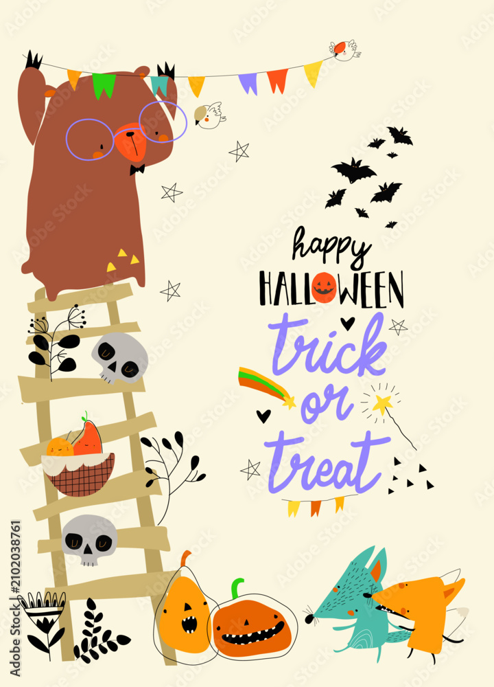 Fototapeta premium Cute Cartoon Frame With Happy Animals Celebrating Halloween