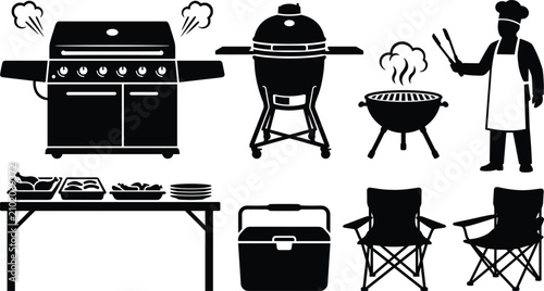 Barbecue grill and outdoor cooking silhouette collection featuring grill, smoker, charcoal grill, chef, serving table, cooler and folding chairs