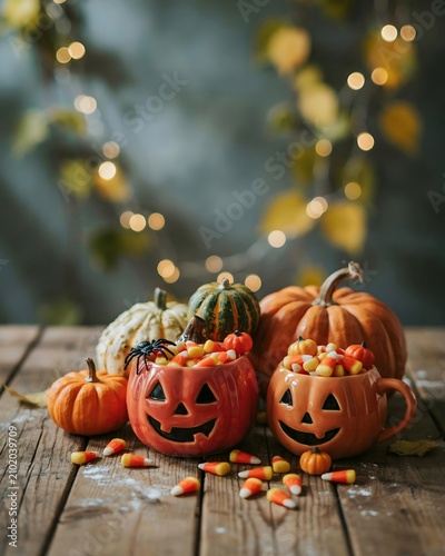 Festive halloween still life with pumpkin mugs candy corn and decorative pumpkins on wooden table