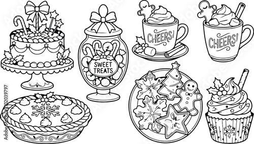 Christmas holiday sweets and treats coloring page for kids and adults