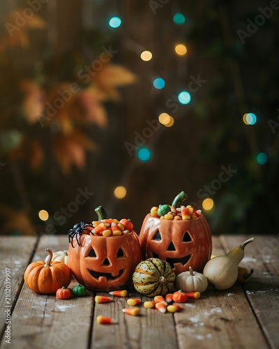 Festive halloween pumpkin candy bowls with autumn decor and bokeh lights for seasonal celebrations
