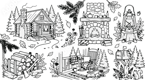 Fotografija Set of hand drawn sketches featuring cozy cabin life and rustic elements