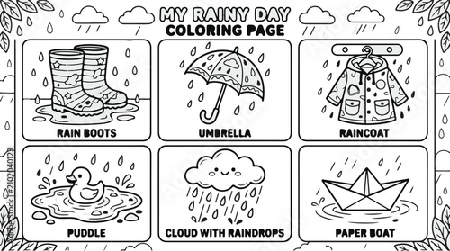Konstfotografi Rainy day coloring page for kids with weather and clothing items