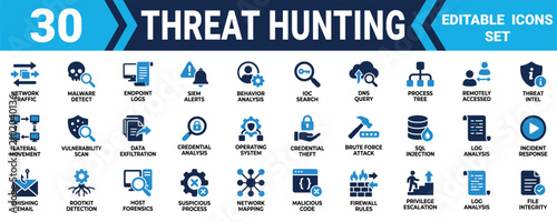 Set of 30 threat hunting and cybersecurity icons for network protection and digital security analysis Minimal solid fill icon set bundle collection. Editable Vector Illustration Mega pack