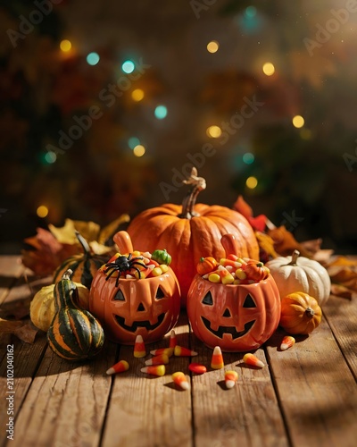 Halloween jack o lanterns filled with candy on a wooden table