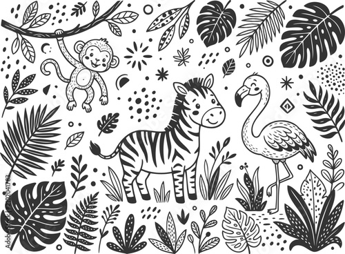 Canvas Print Jungle theme doodle drawing with zebra flamingo and monkey in nature