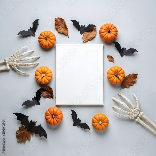 Halloween themed flat lay with pumpkins bats and skeleton hands around a blank white canvas