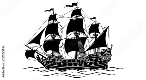 Foto Black silhouette of a sailing ship on white background