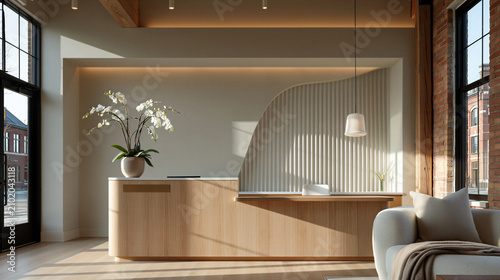 Wide shot of a medspa entrance foyer with a white oak reception counter and decorative plant