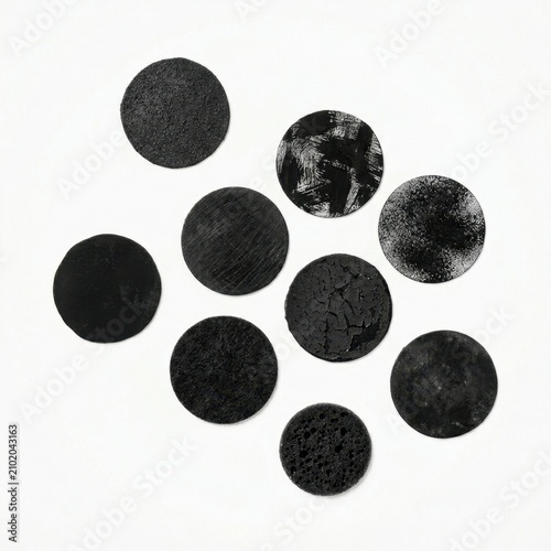 Eight black circles arranged in a clean minimalist composition, solid matte black geometric shapes on a white background