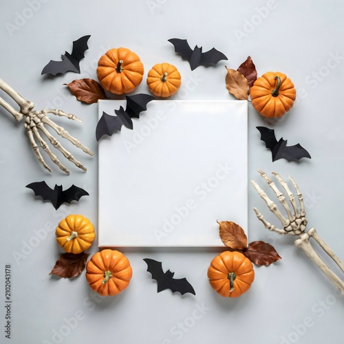 Halloween themed mockup with pumpkins bats and skeleton hands on a white background