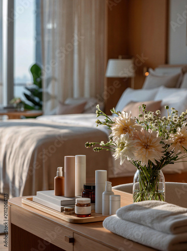 Wide medspa suite with made bed and skincare products on a table, cut out