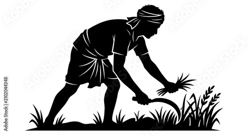 Tableau sur toile Farmer Silhouette Harvesting Crops With Sickle Black And White Illustration