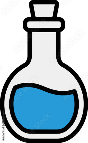 Minimalist vector illustration of a glass flask with a cork stopper containing blue liquid, perfect for science, chemistry, alchemy, or laboratory themed graphic design projects.