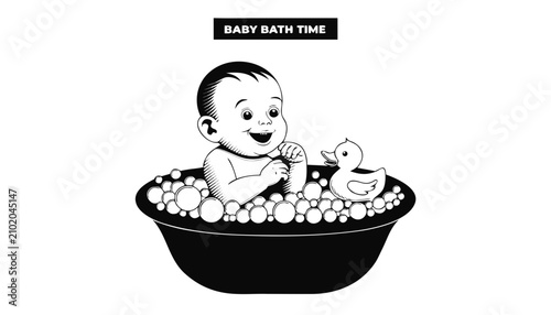 Obraz na płótnie Very beautiful black and white realistic vector illustration of a BABY BATH TIME