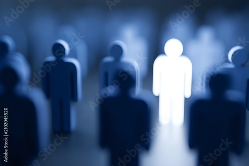 Glowing white figure amidst a crowd of blue 3D people. Recruitment and talent acquisition concept