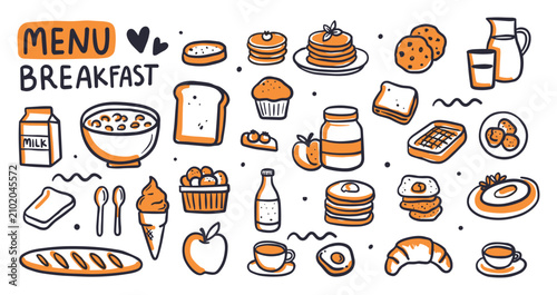 A colorful illustration of various breakfast foods and drinks on white background