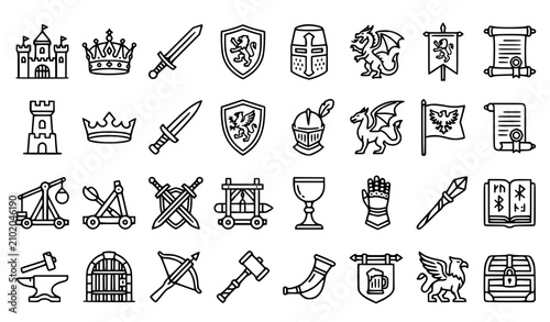 Medieval History and Fantasy Vector Line Icons Editable Stroke