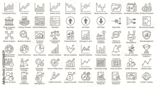 Finance and stock market trading outline icon set for business analysis financial charts.
