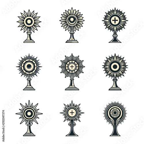 Foto Collection of ornate monstrance illustrations in black and white.