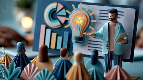 Young entrepreneur presents a paper-crafted startup pitch to investors in a modern handcrafted business papercraft scene