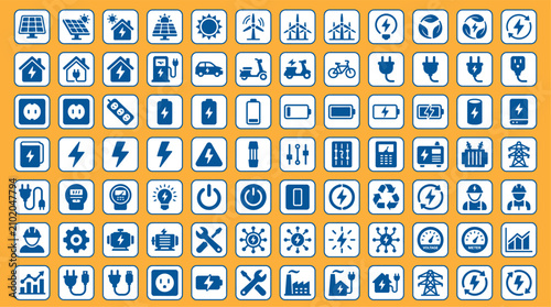 фотографія Collection of blue and white icons related to energy, electricity, and sustainab