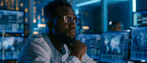 Man wearing glasses in a control room with multiple computer screens illuminated by blue light african descent adult analysis blue toned business