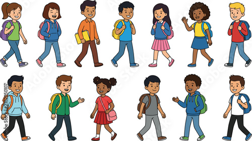 Foto Diverse Cartoon School Children Vector Character Set with Multiethnic Boys and G