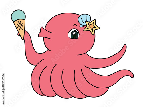 アイスクリームを持ったかわいいタコのイラスト