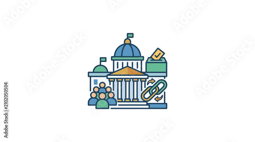 Government building icon with citizens and voting symbols.