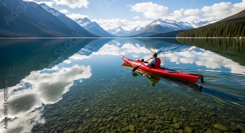 Person paddling a red kayak across clear mountain lake with rocky bottom in bright daylight.