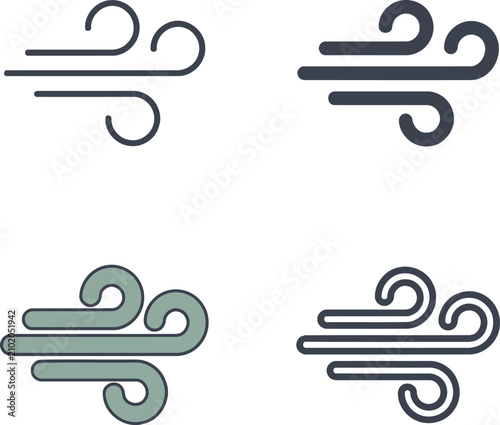 Set of four stylized icons representing wind or air flow, in different colors