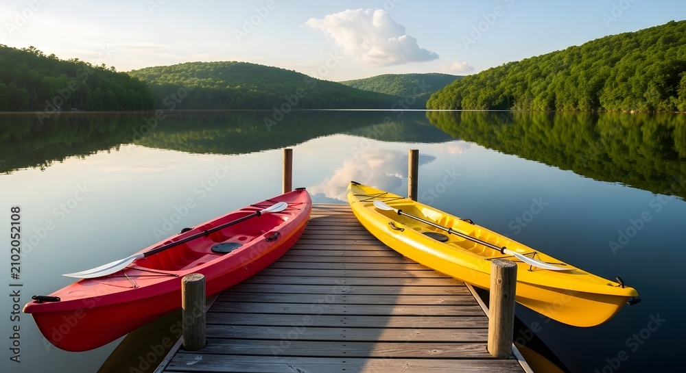Fototapeta premium Two kayaks red and yellow moored to wooden pier on peaceful lake surrounded by green hills.