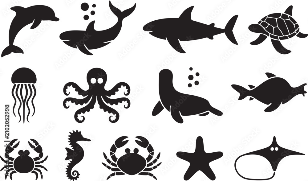 Fototapeta premium Set of marine life silhouettes for aquatic projects