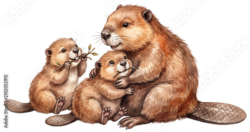 watercolor illustration of a beaver mother with two kits holding sticks isolated on transparent background