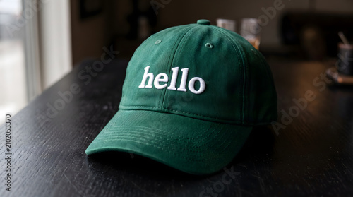 Green baseball cap with hello embroidery
