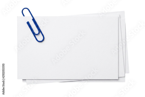 Bild auf Leinwand Blank white index cards with blue metal paper clip