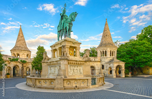 Statue of Saint Stephen on Fisherman's Bastion in Budapest with historic stone towers and fountains