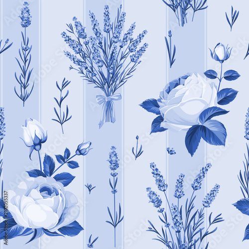 Seamless pattern from flowers of rose and lavender on a white