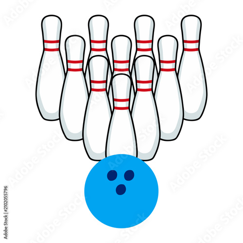 Cute cartoon bowling strike composition with blue ball hitting ten pins isolated on transparent background, perfect for kids t-shirt prints, apparel, party invitations, team logos, and sports stickers