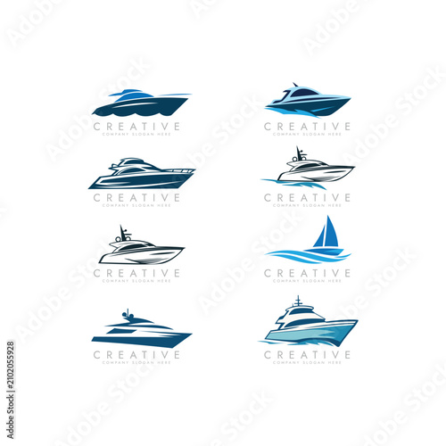 Stylized Jet Ski Water Splash Logo, Boats and Jet Skis Icons Set vector editable Design
