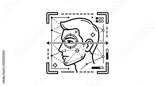 A futuristic illustration of a man's head with a robotic eye surrounded by geometric shapes and lines on a white background.