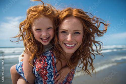 Joyful red haired mother and daughter enjoying sunny day at beach, with wind playfully tousling their hair. Their smiles radiate happiness and warmth