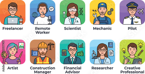 Professional Career Avatar Icon Set with Diverse Occupations and Modern Flat Vector Illustrationt