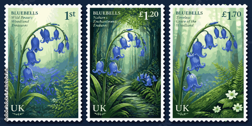 Fotografie Bluebells Stamps: A collection of three British stamps featuring exquisite illustrations of bluebell flowers in a serene woodland setting, showcasing the beauty of nature
